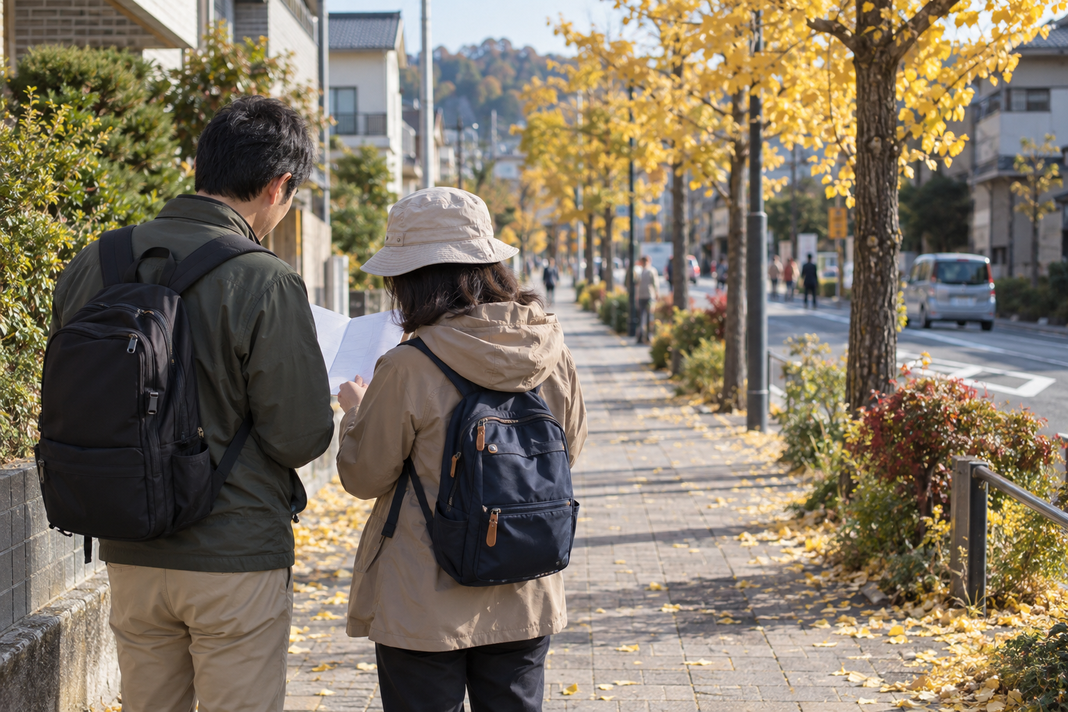 Adult travelers preparing for a walk on a generic suburban Japanese sidewalk