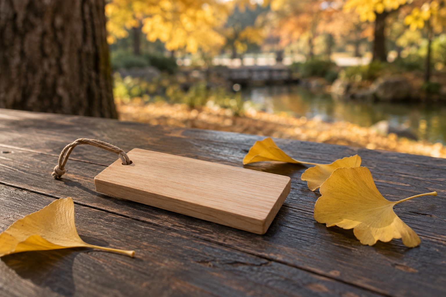 An unmarked wooden souvenir beside golden ginkgo leaves on a plain table