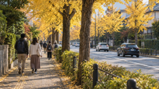 Conceptual golden ginkgo avenue with visitors on a separated sidewalk