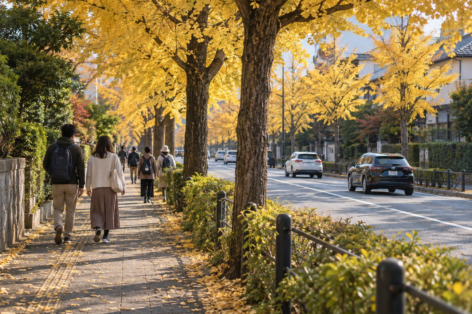 Conceptual golden ginkgo avenue with visitors on a separated sidewalk