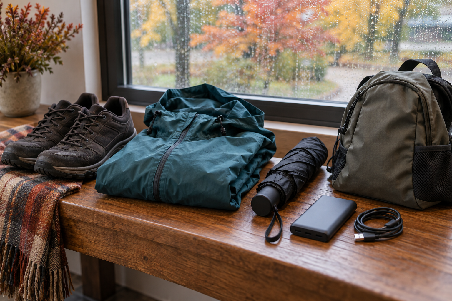 Walking shoes, rain jacket, closed umbrella and small daypack beside a window
