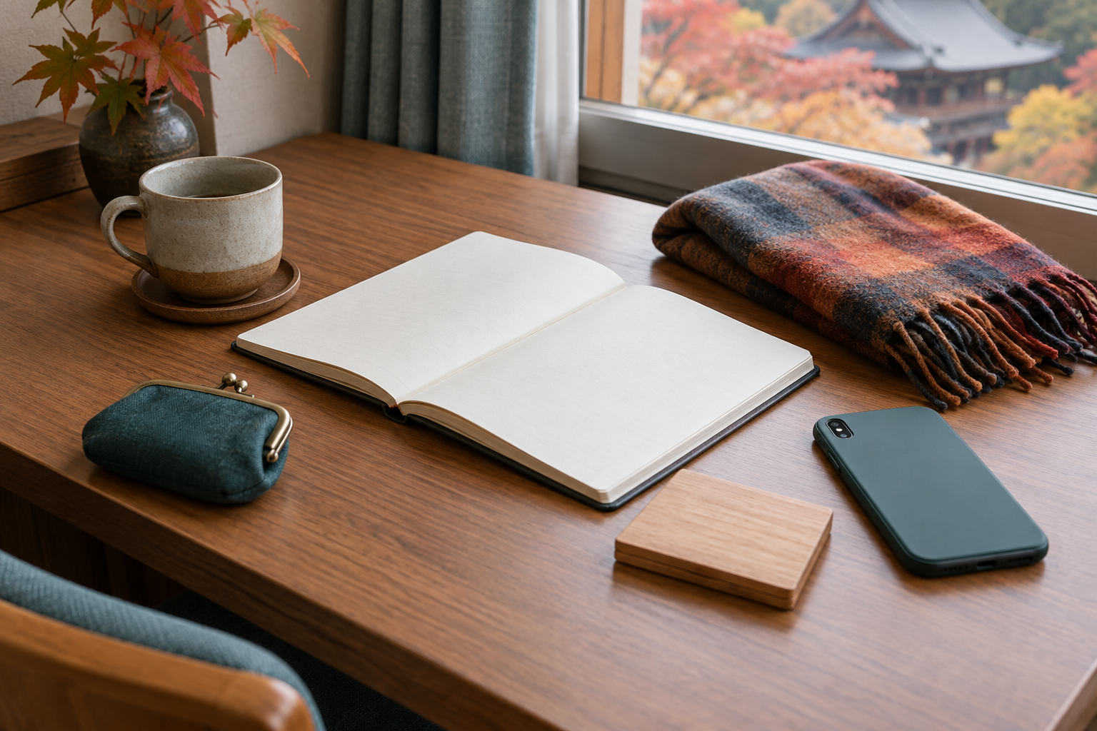 Blank notebook, closed coin purse and unmarked wooden rectangle on a travel desk