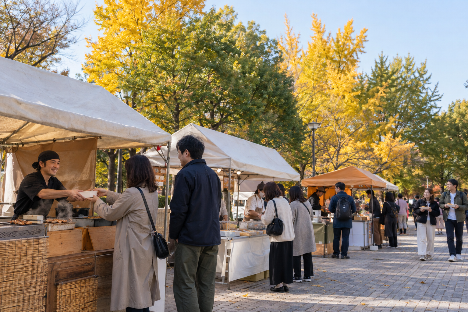 Conceptual community food stalls in a generic park plaza with autumn trees