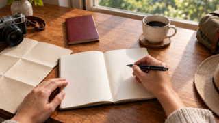 Hands holding a pen over a travel notebook on a wooden desk