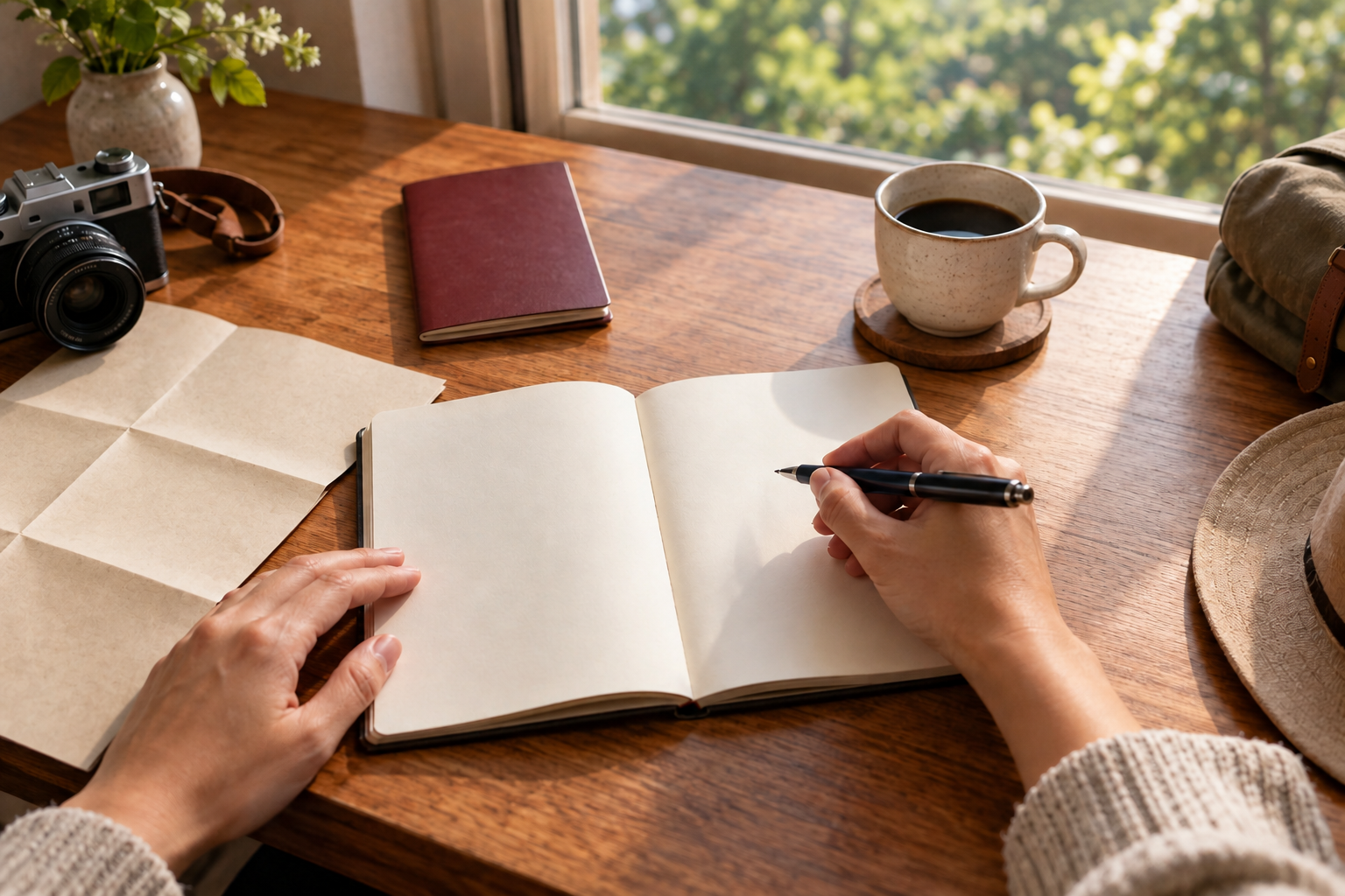 Hands holding a pen over a travel notebook on a wooden desk
