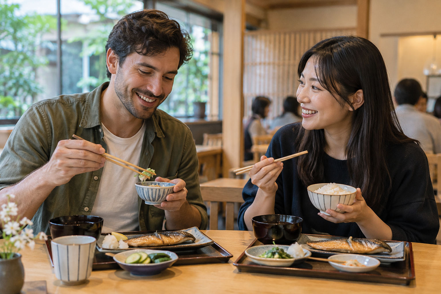 Two travelers sharing a meal in a generic Japanese restaurant
