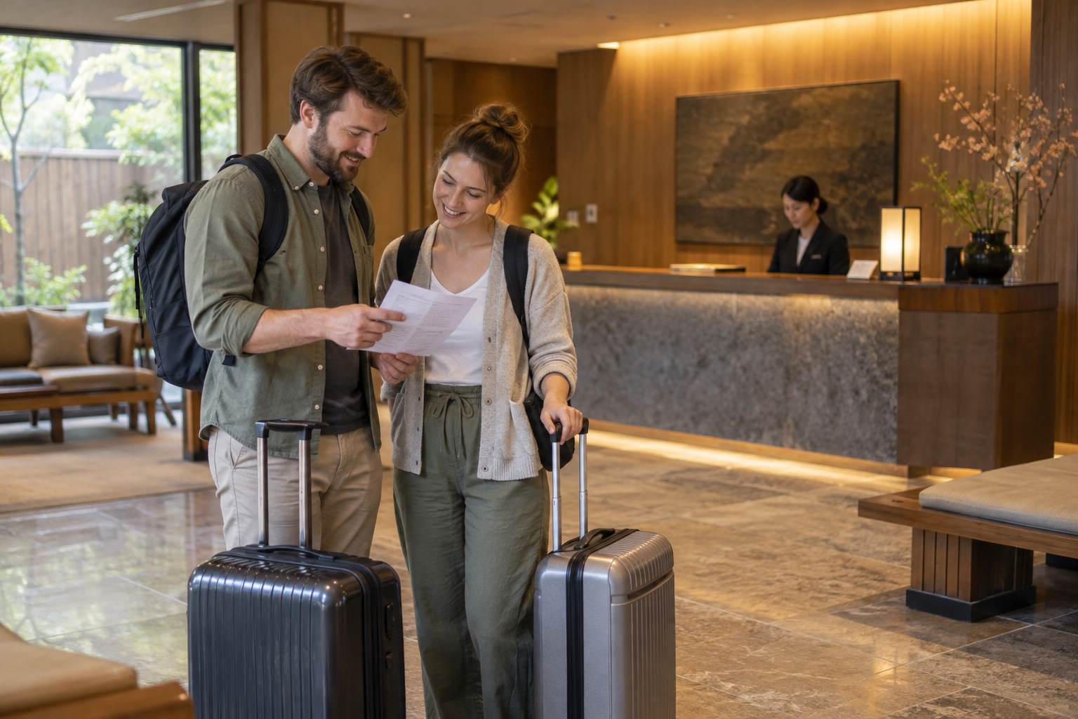 Travelers checking a booking in a generic hotel lobby