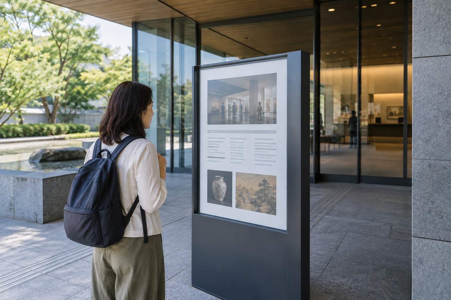 Traveler reading a notice outside a generic museum