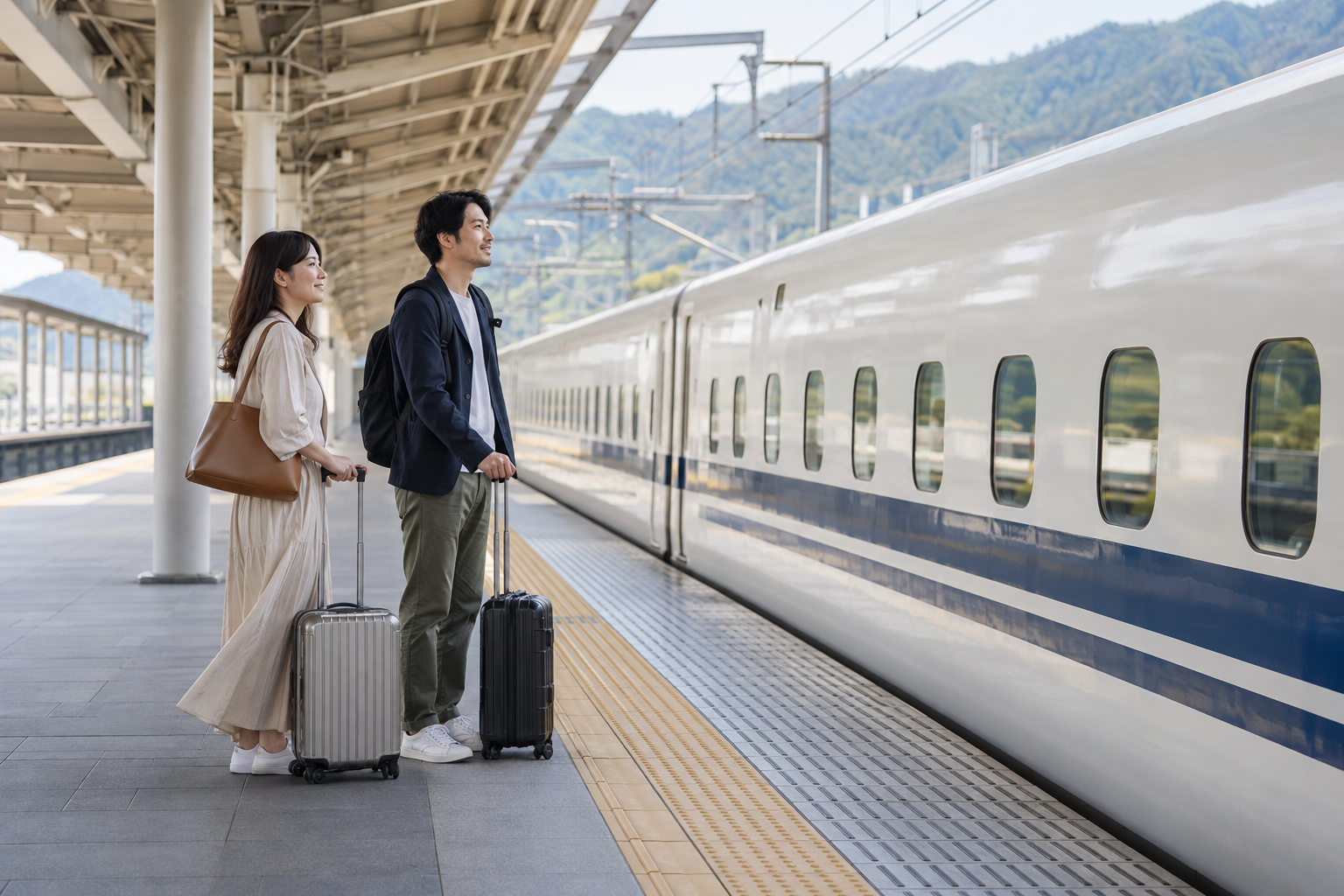 Two travelers with suitcases waiting safely beside a generic train