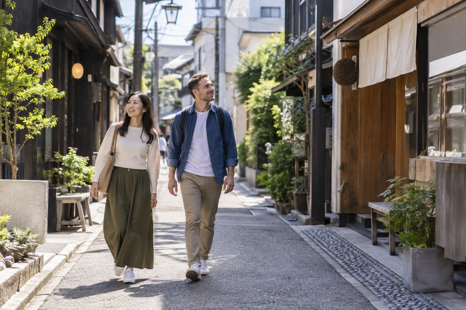 Travelers walking on a generic Japanese neighborhood street