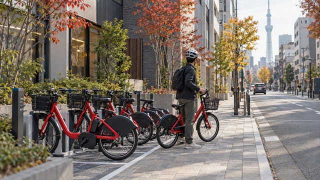 AI-generated illustration of a helmeted traveler beside parked shared bicycles on a Tokyo street.