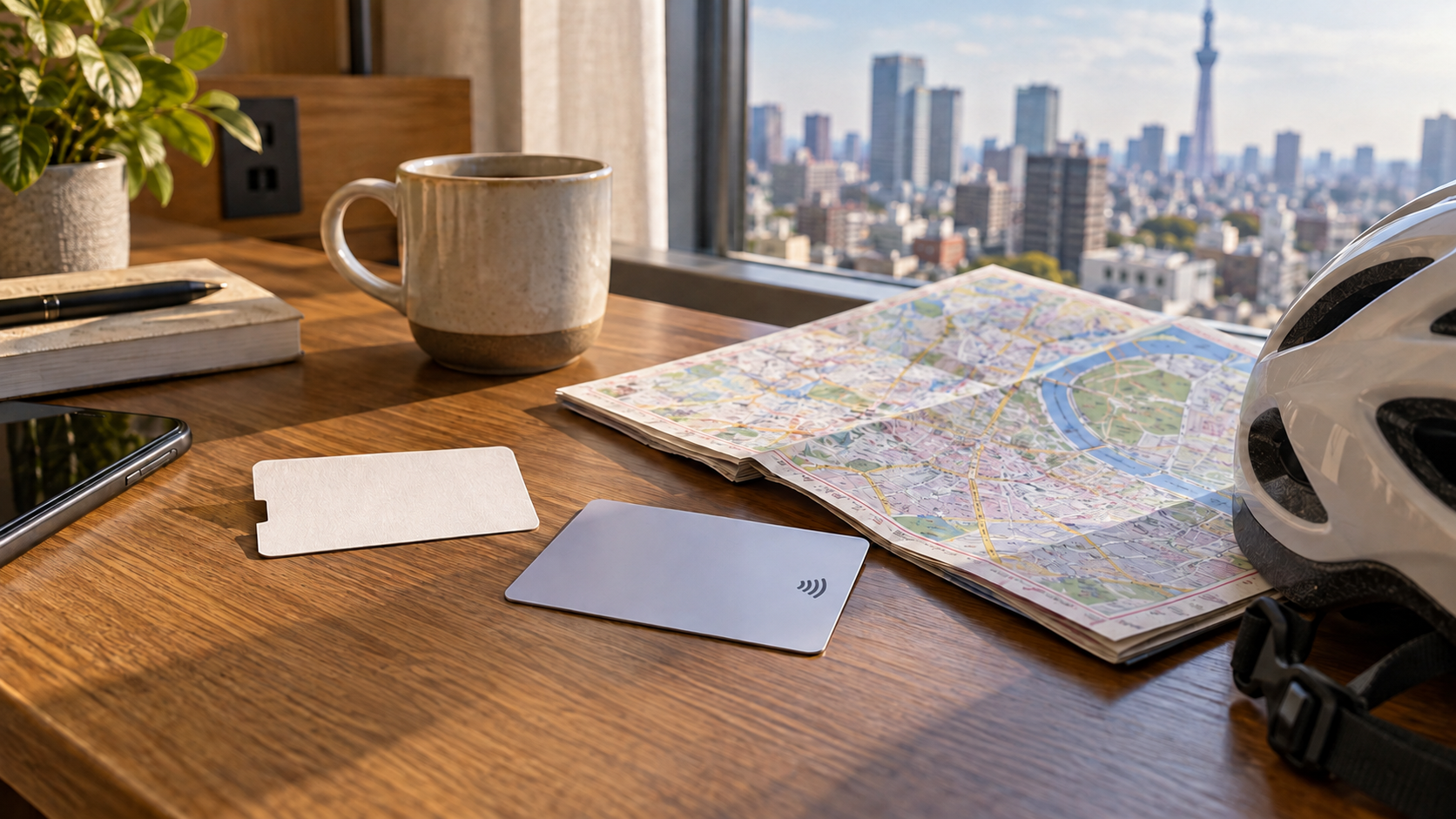 AI-generated illustration of a blank ticket and an unbranded card beside a Tokyo map.