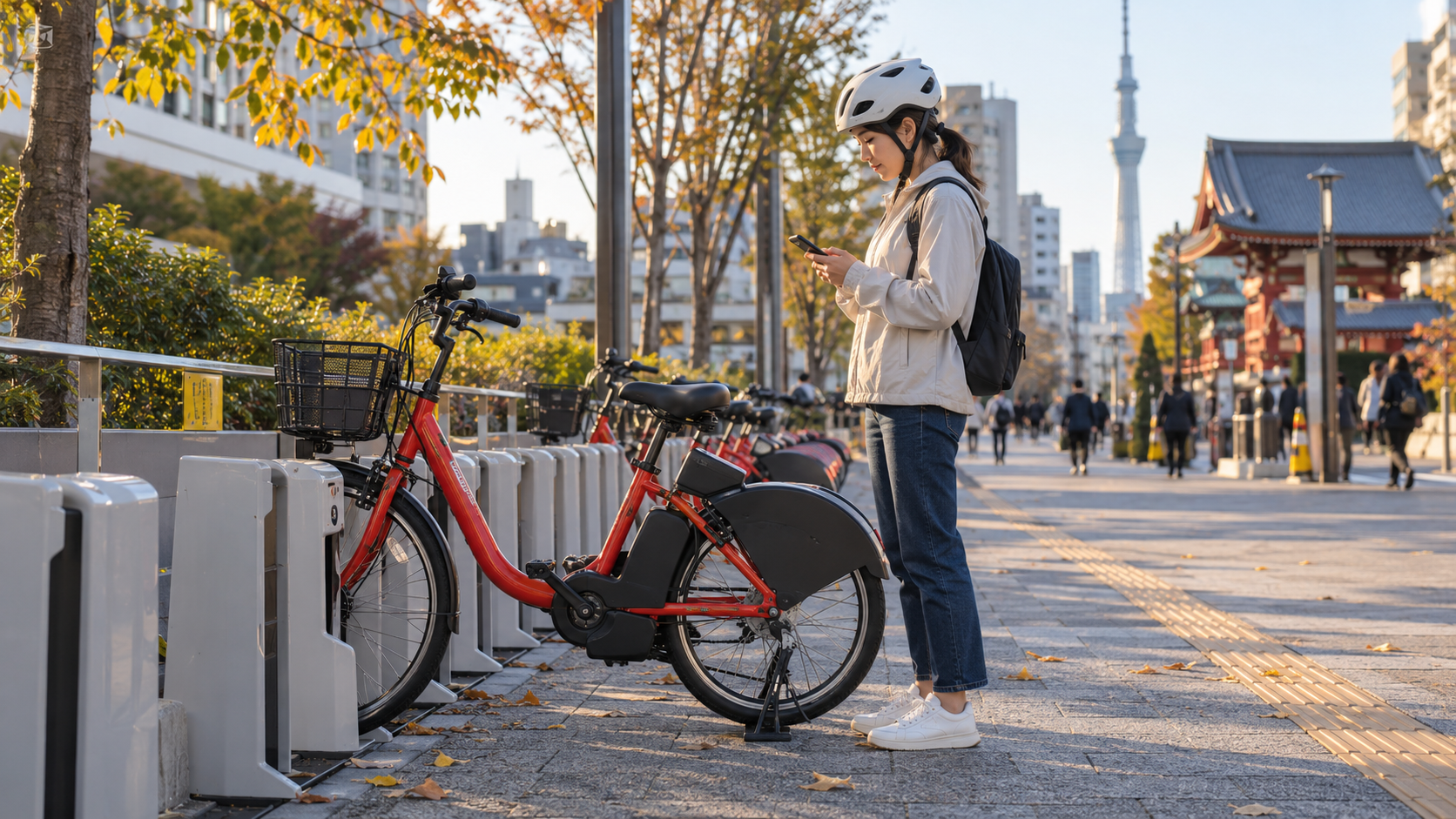 AI-generated illustration of a traveler checking a phone beside a bicycle parked at a station.