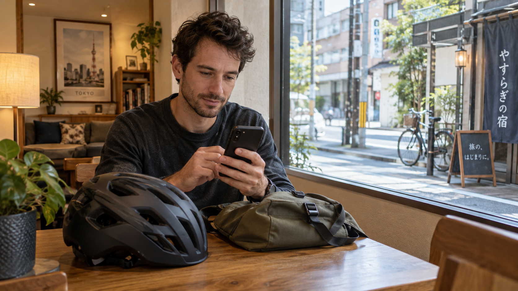 AI-generated illustration of a traveler checking a phone beside a helmet in a hotel lounge.