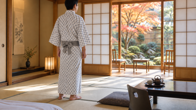 Man wearing a patterned yukata and soft gray sash in a generic Japanese inn room