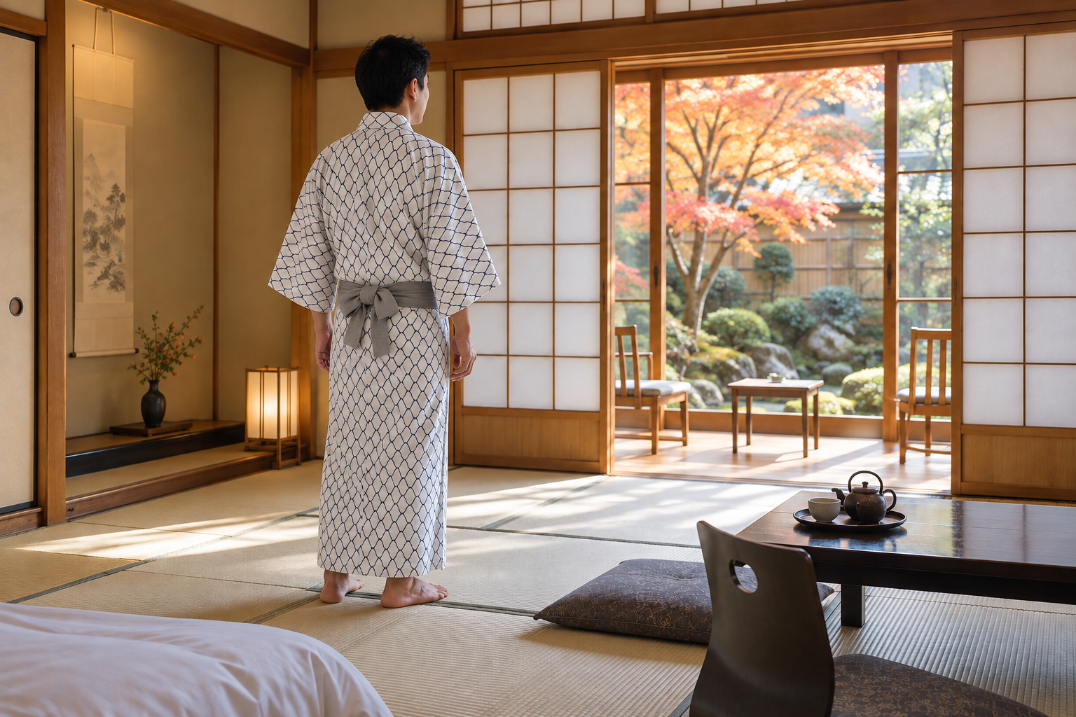 Man wearing a patterned yukata and soft gray sash in a generic Japanese inn room