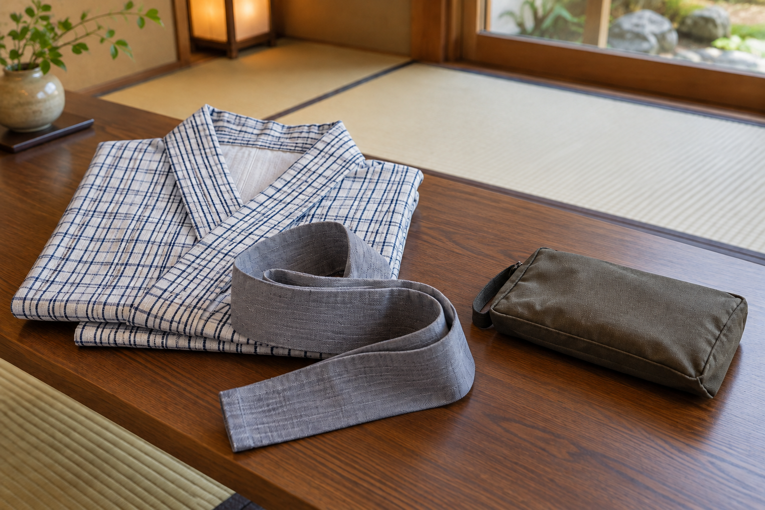 Folded white yukata with indigo checks, a soft gray sash and a small pouch on a low table