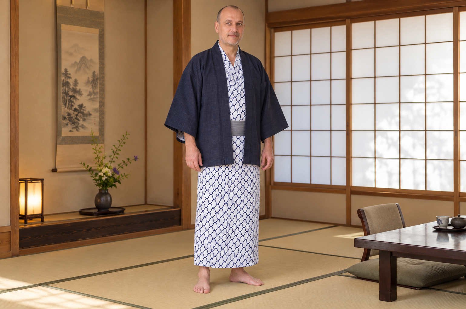 Man standing naturally on tatami in a ryokan room, wearing a dark haori over a patterned yukata