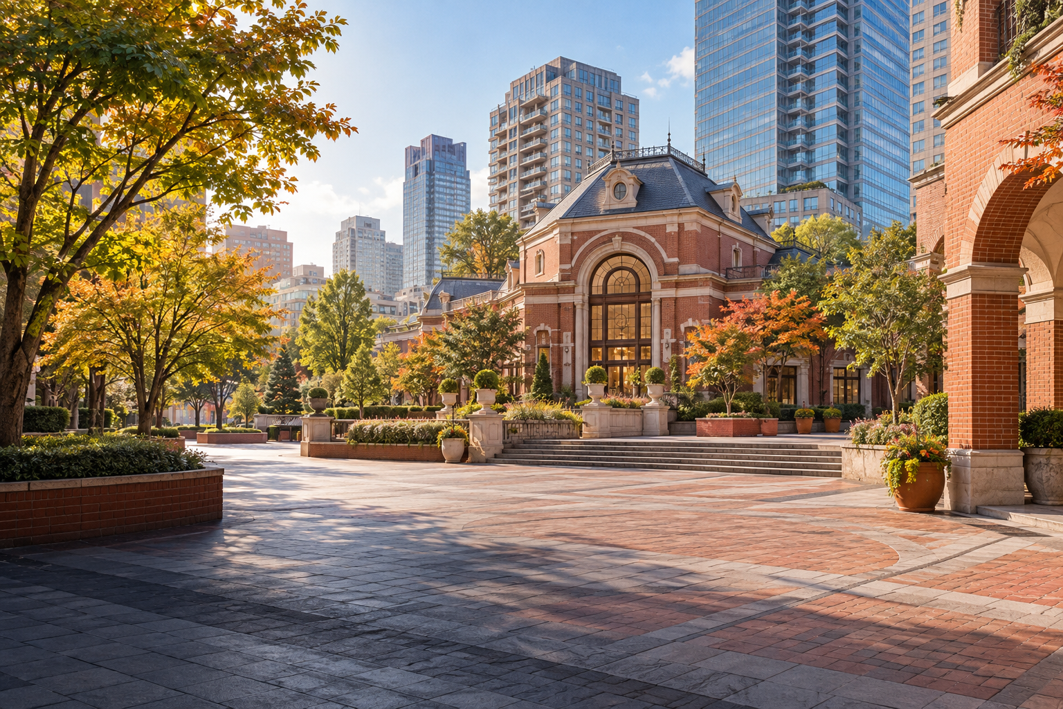 An empty brick-paved Tokyo plaza with trees and city buildings