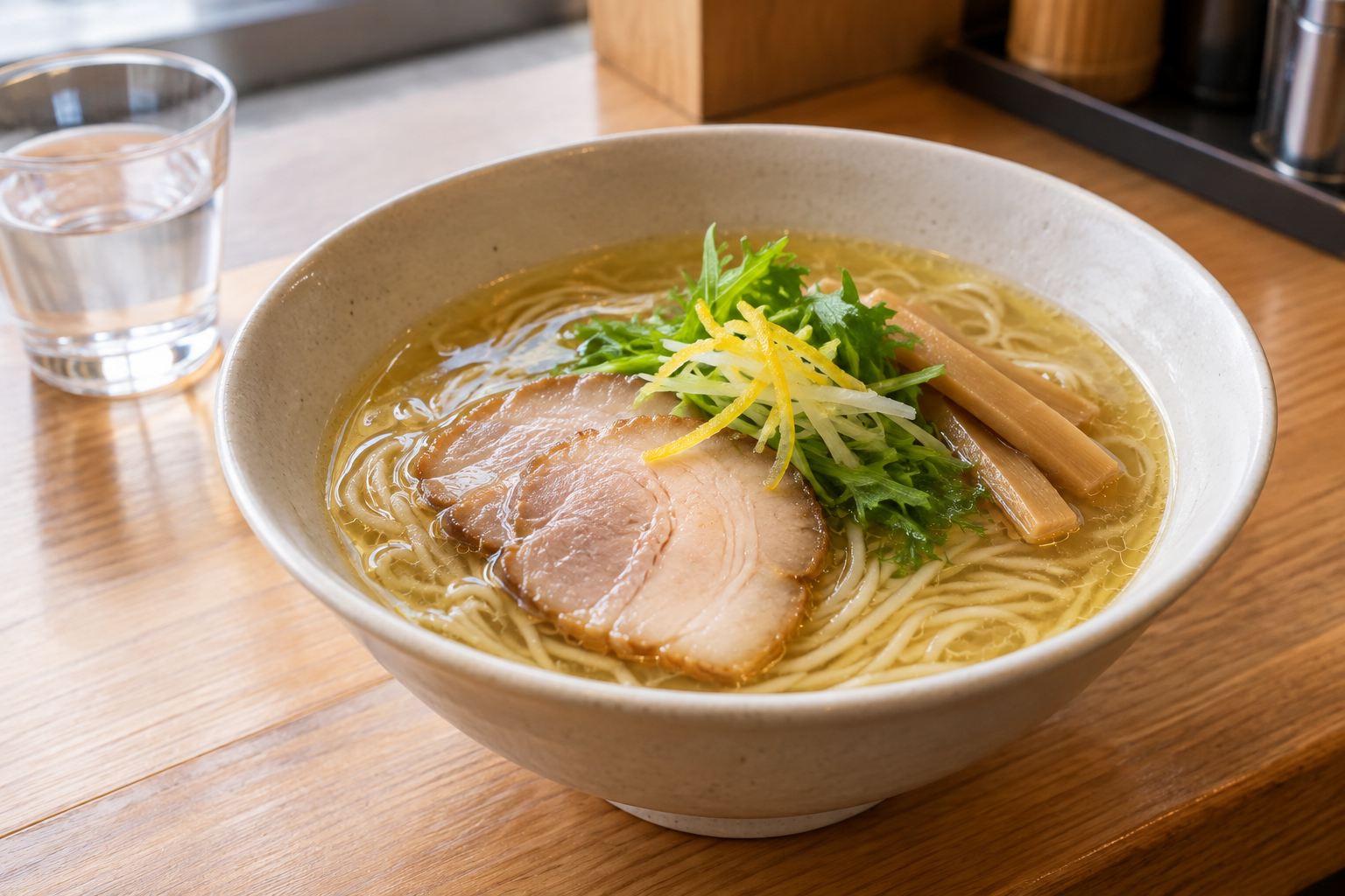 A conceptual bowl of clear yuzu-shio ramen