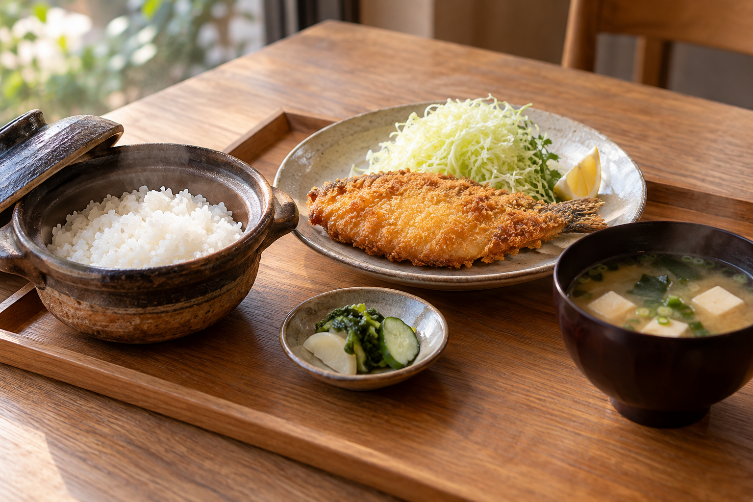A conceptual set meal with clay-pot rice and fried fish