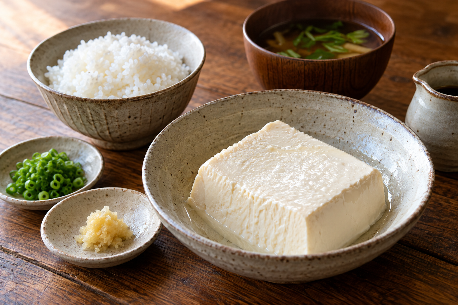 A conceptual tofu lunch with rice and small sides