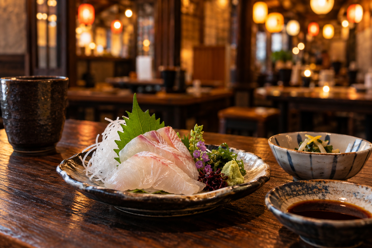 A conceptual seasonal white-fish plate in a generic izakaya