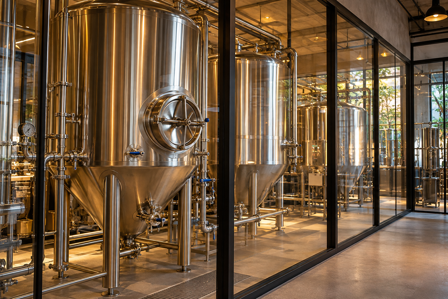 Generic stainless brewing equipment viewed through glass