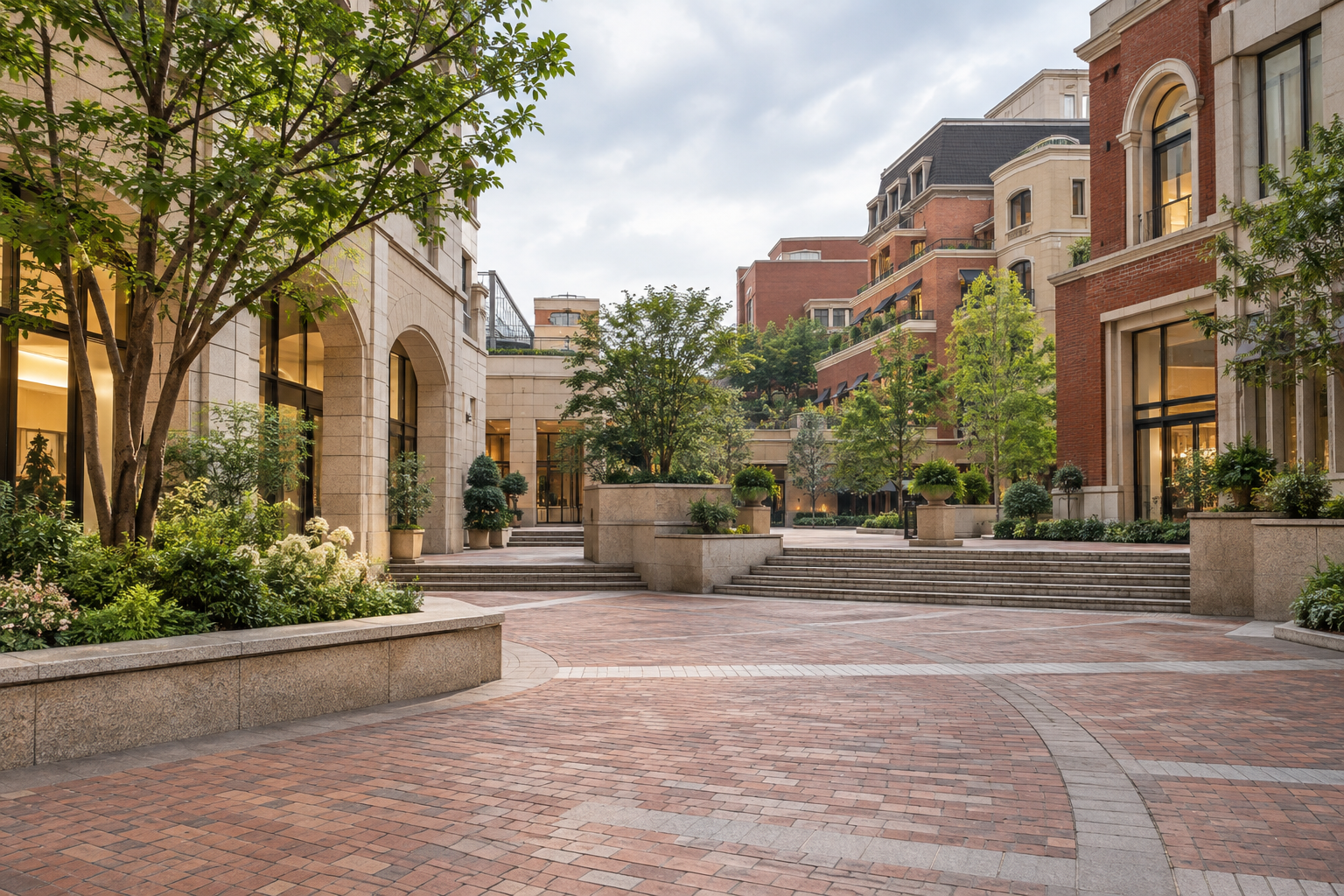 A generic brick and stone plaza with planted borders