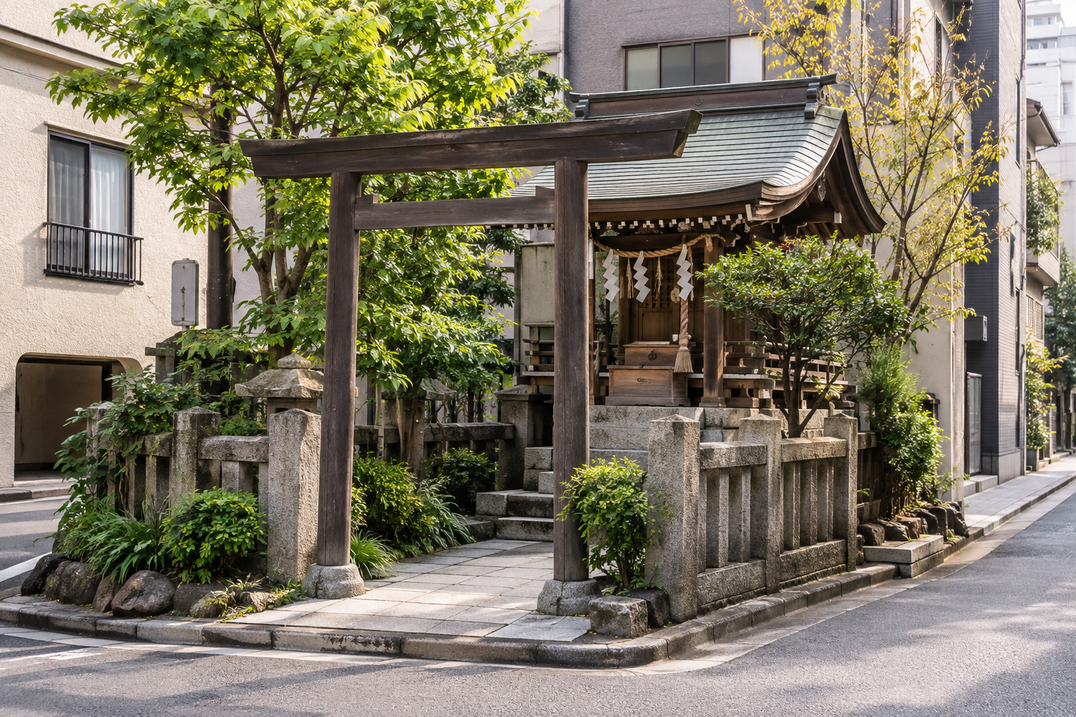 A generic small neighborhood shrine beside an urban street