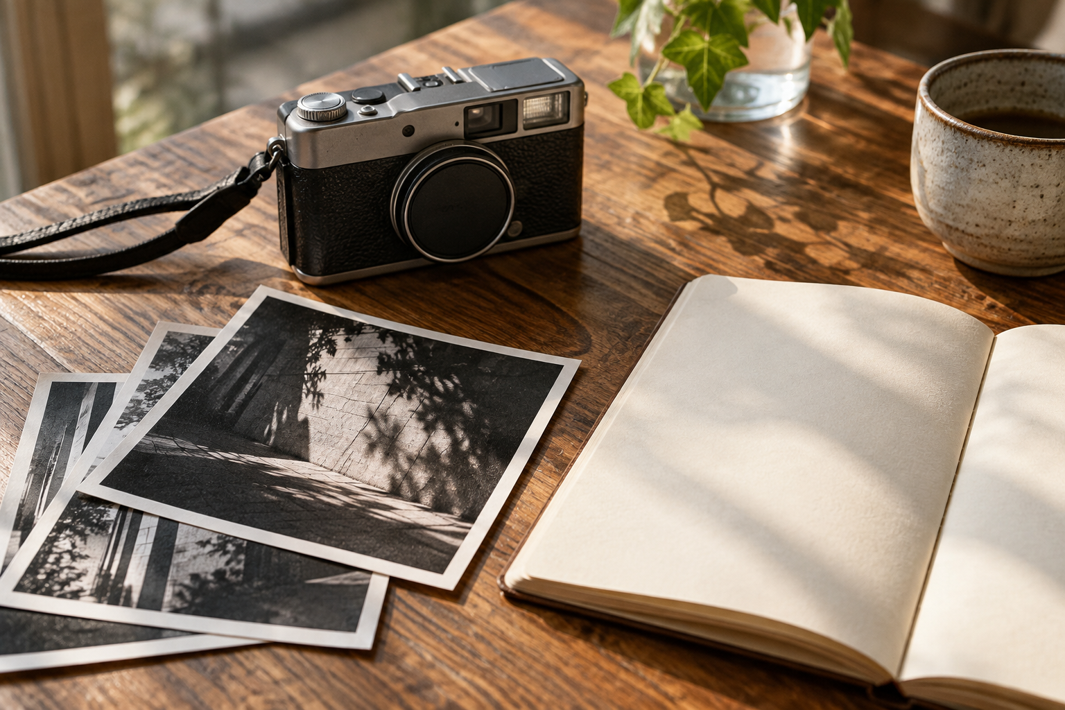 An unbranded camera beside original monochrome city prints