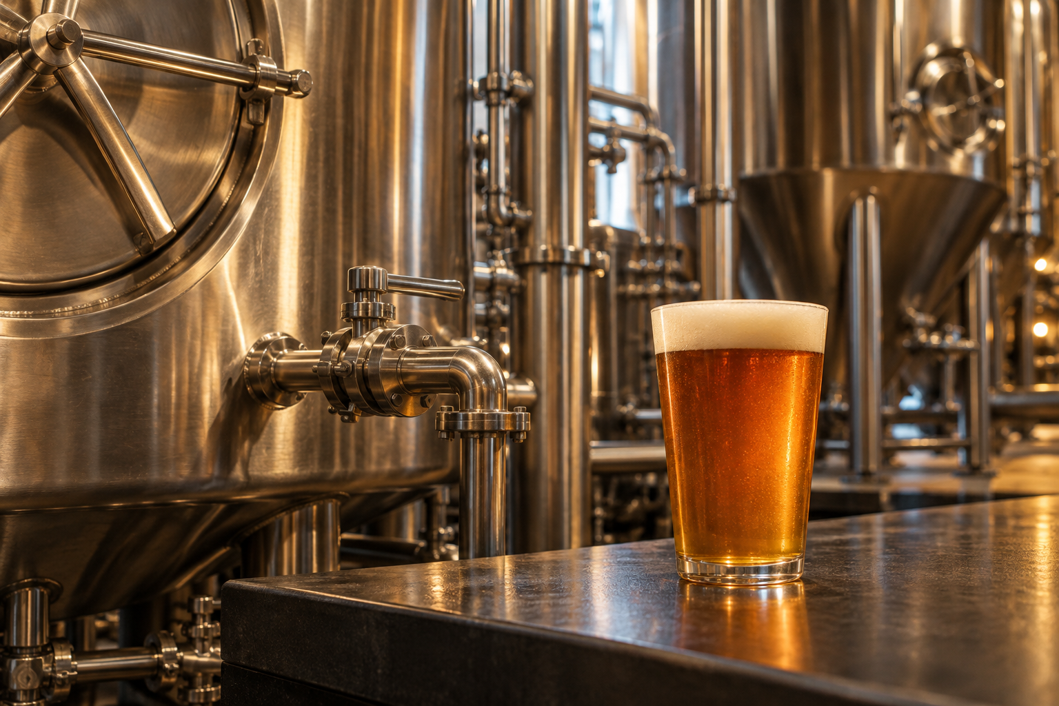 An unbranded beer glass beside generic brewery tanks