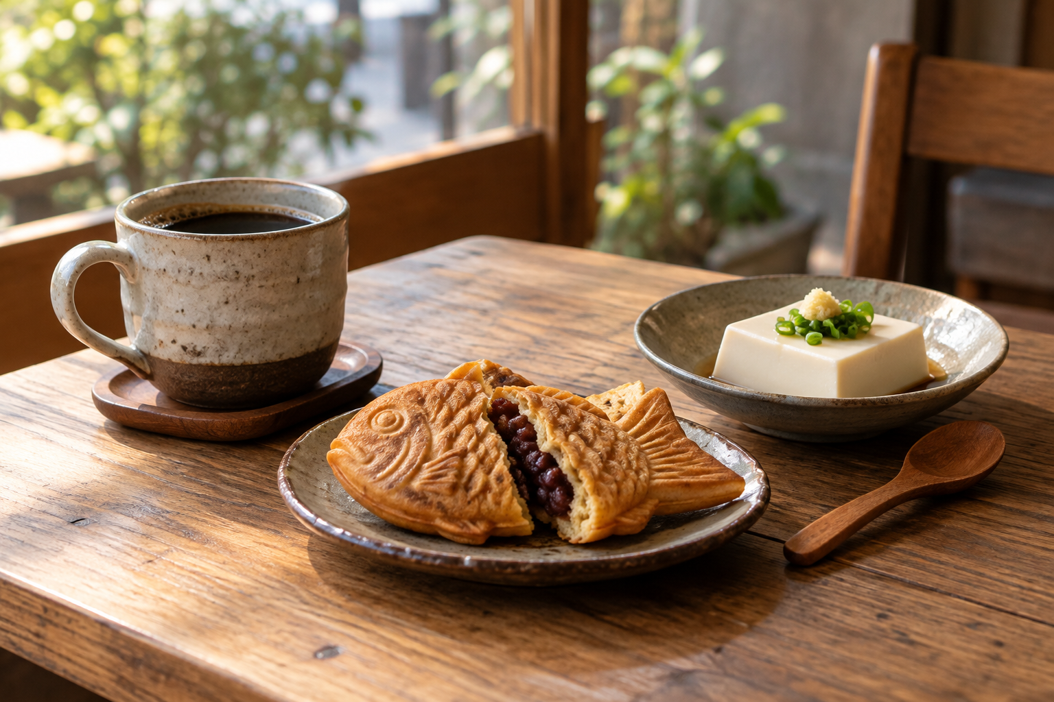 Coffee, red-bean taiyaki and tofu on a wooden table
