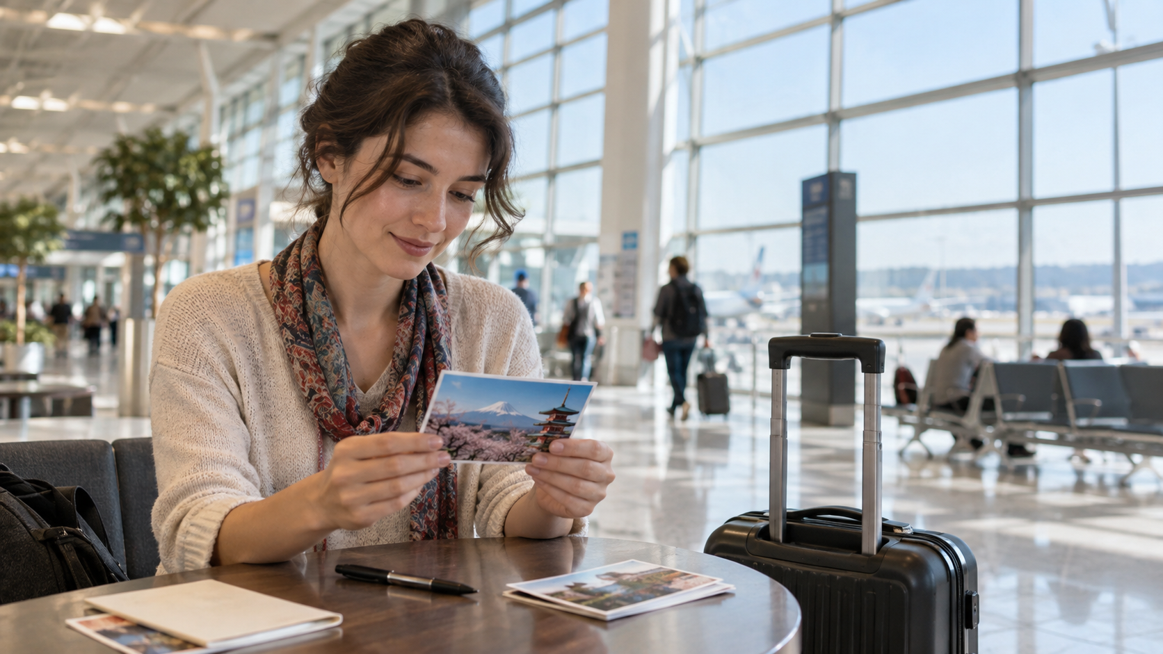 AI-generated illustration of a traveler preparing a postcard in a generic airport public departure hall.
