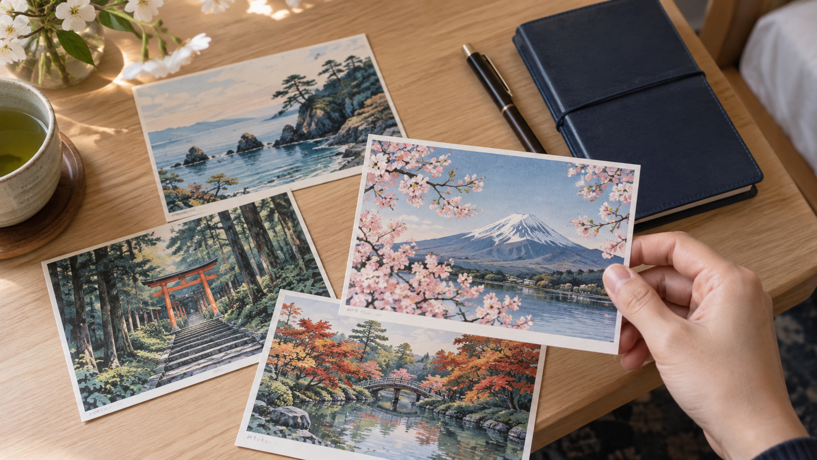 AI-generated illustration of a traveler choosing rectangular scenic postcards on a desk.