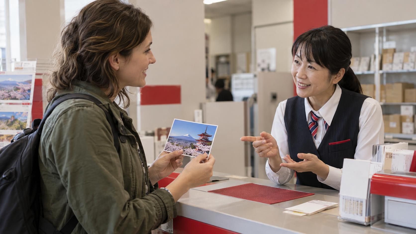 AI-generated illustration of a traveler asking a clerk about a postcard at a generic postal counter.