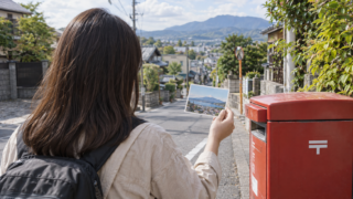 AI-generated illustration of a traveler holding a scenic postcard beside a generic red postbox on a Japanese street.