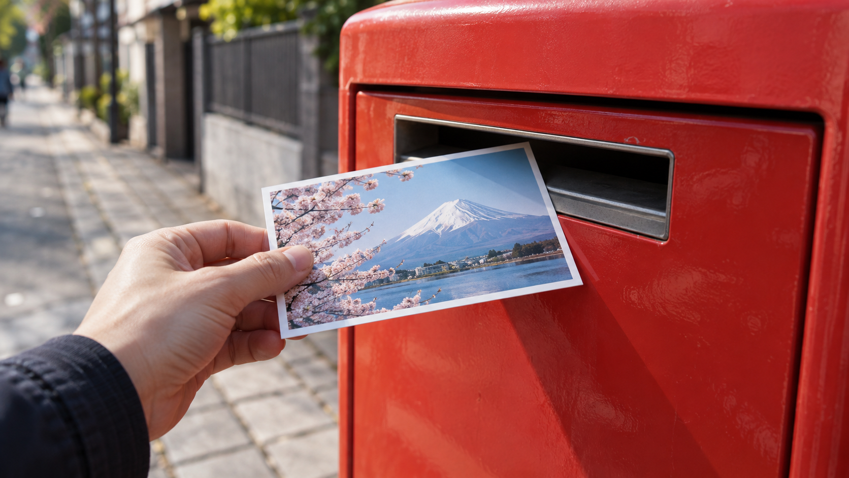 AI-generated illustration of a hand holding a postcard in front of a generic red street postbox.