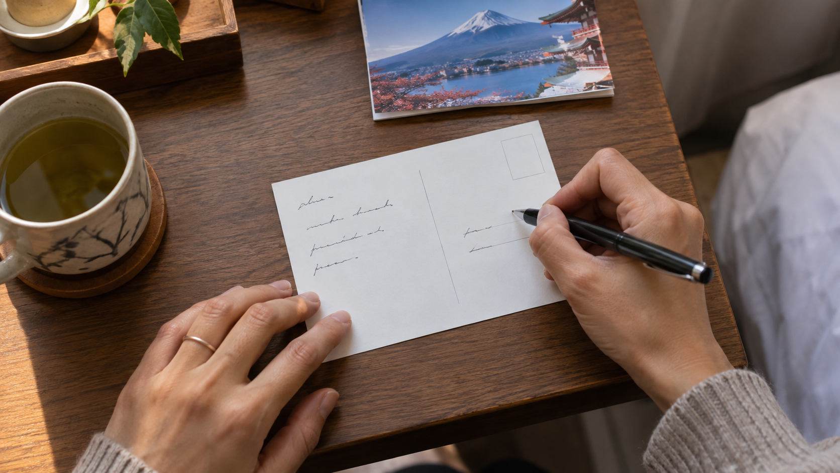 AI-generated illustration of a traveler writing on the reverse of a landscape postcard at a desk.