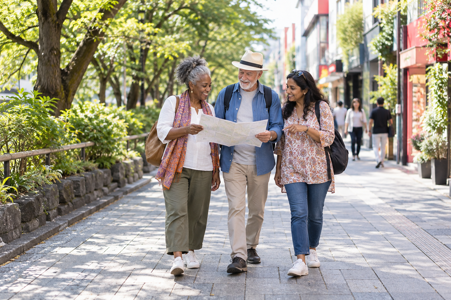 Travelers between a green path and shopping street
