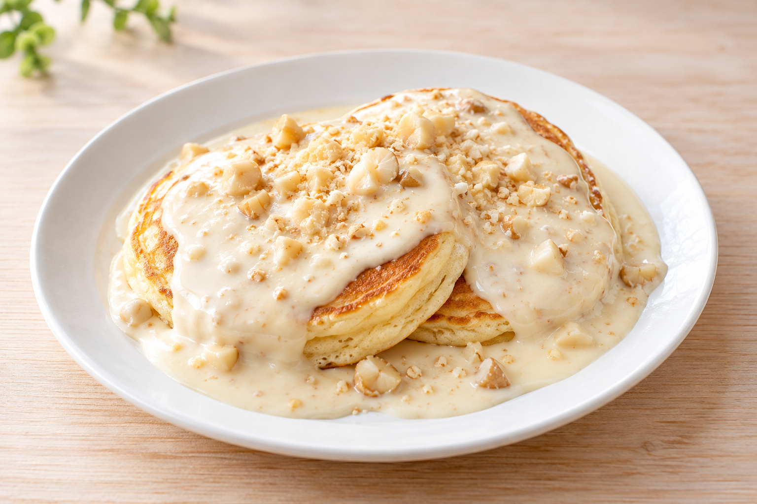 Concept of pancakes with macadamia sauce