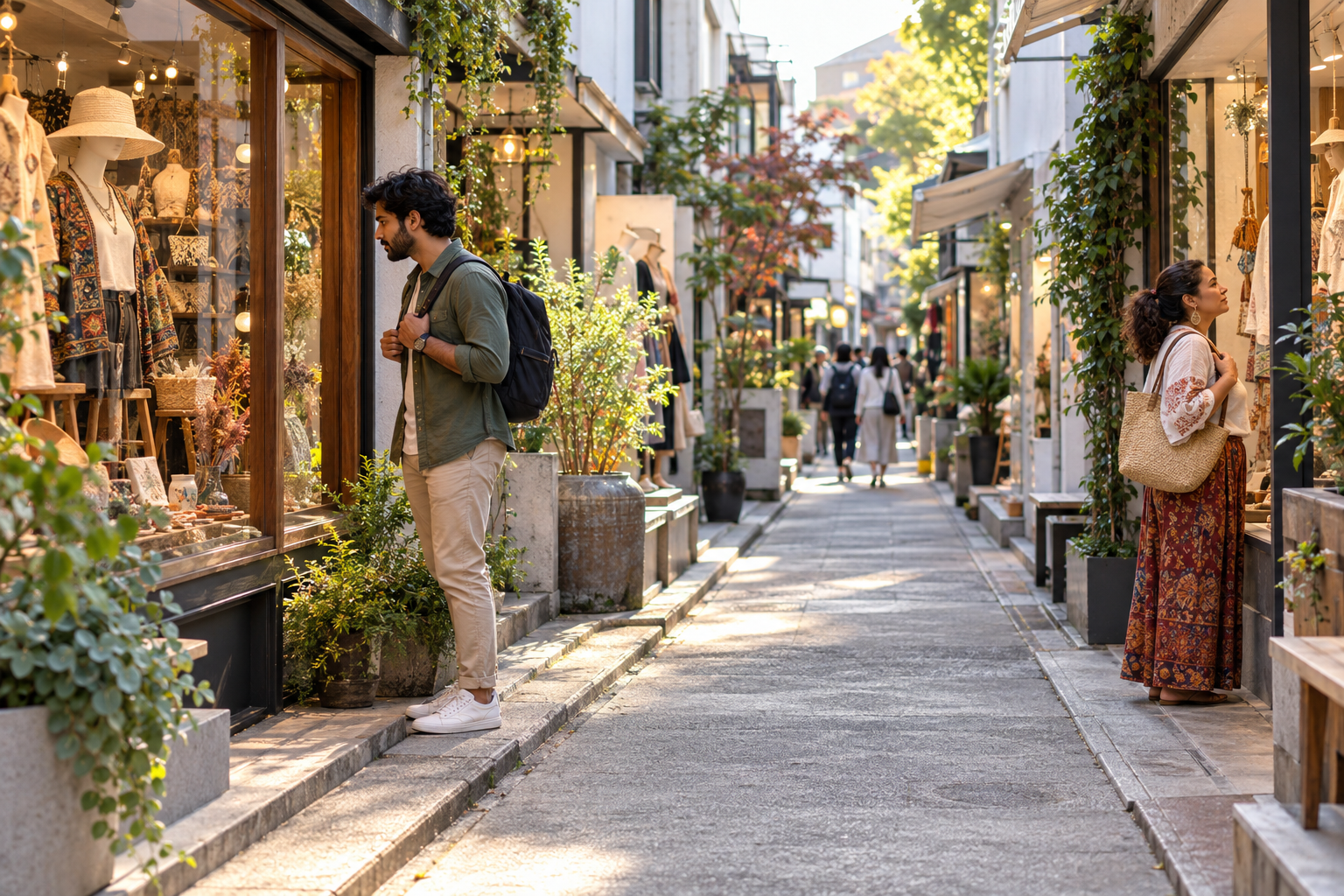 Travelers on a small boutique lane