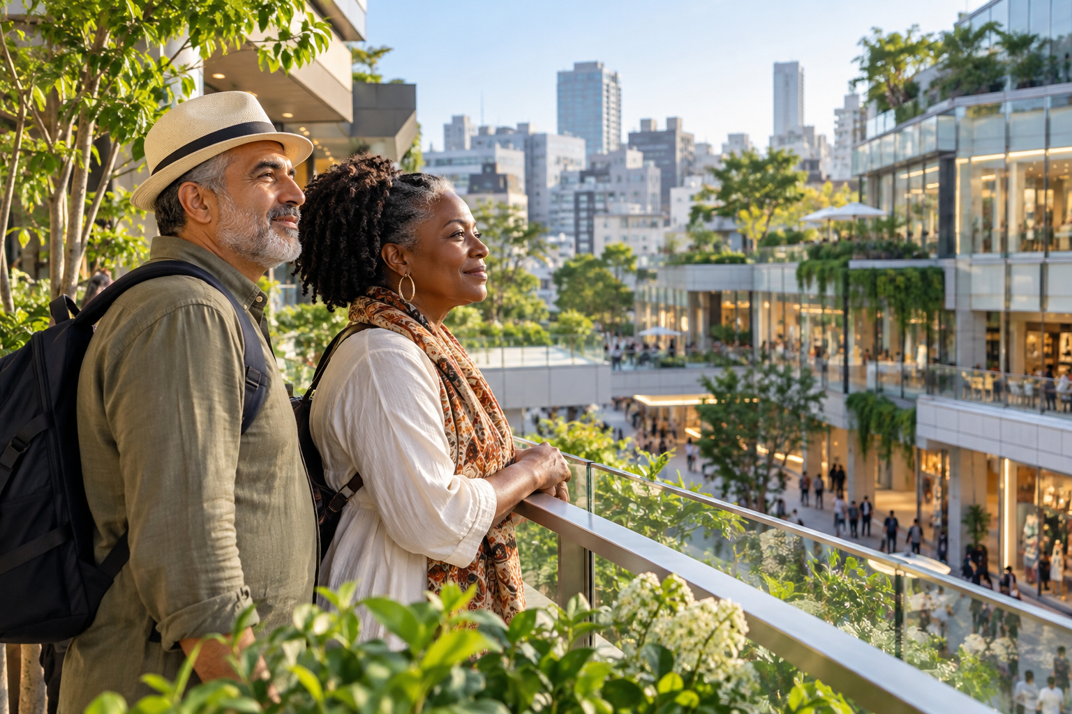 Travelers at a generic planted shopping terrace