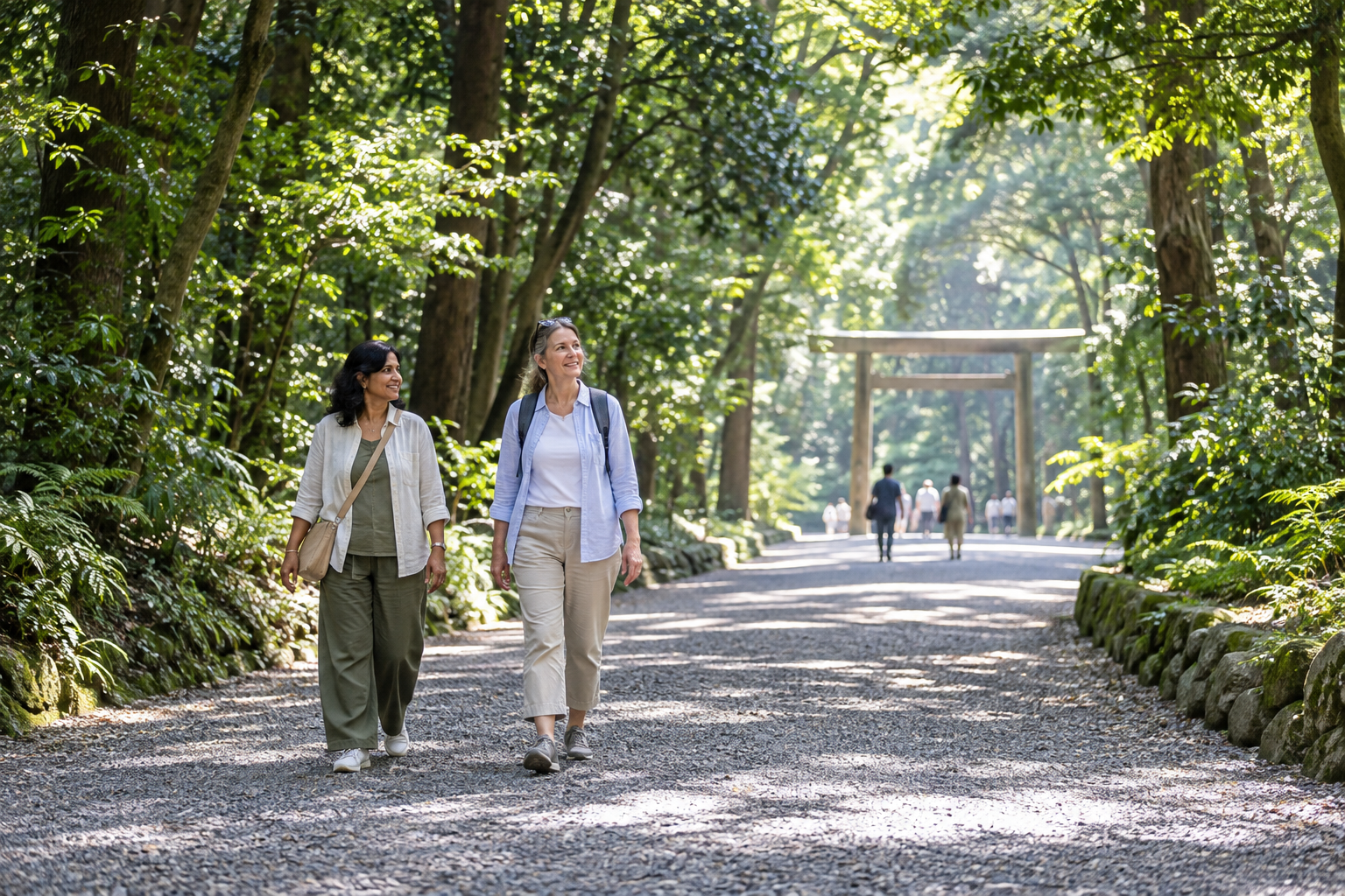 Travelers on a wooded approach