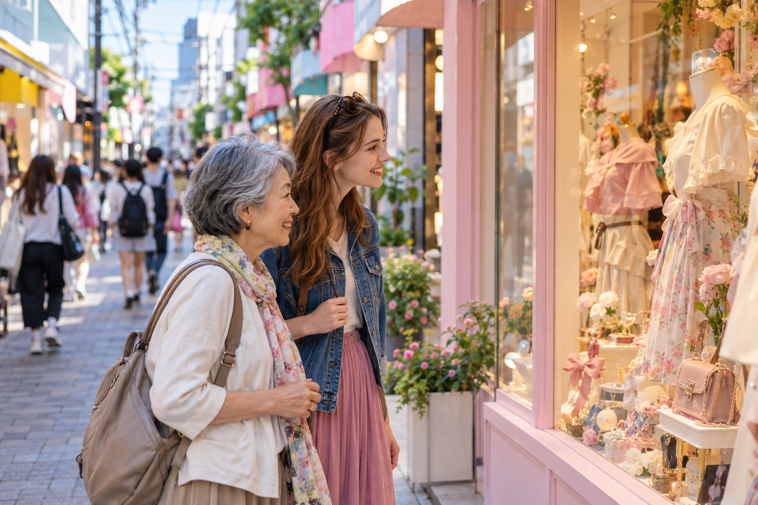 Travelers beside colorful generic shops
