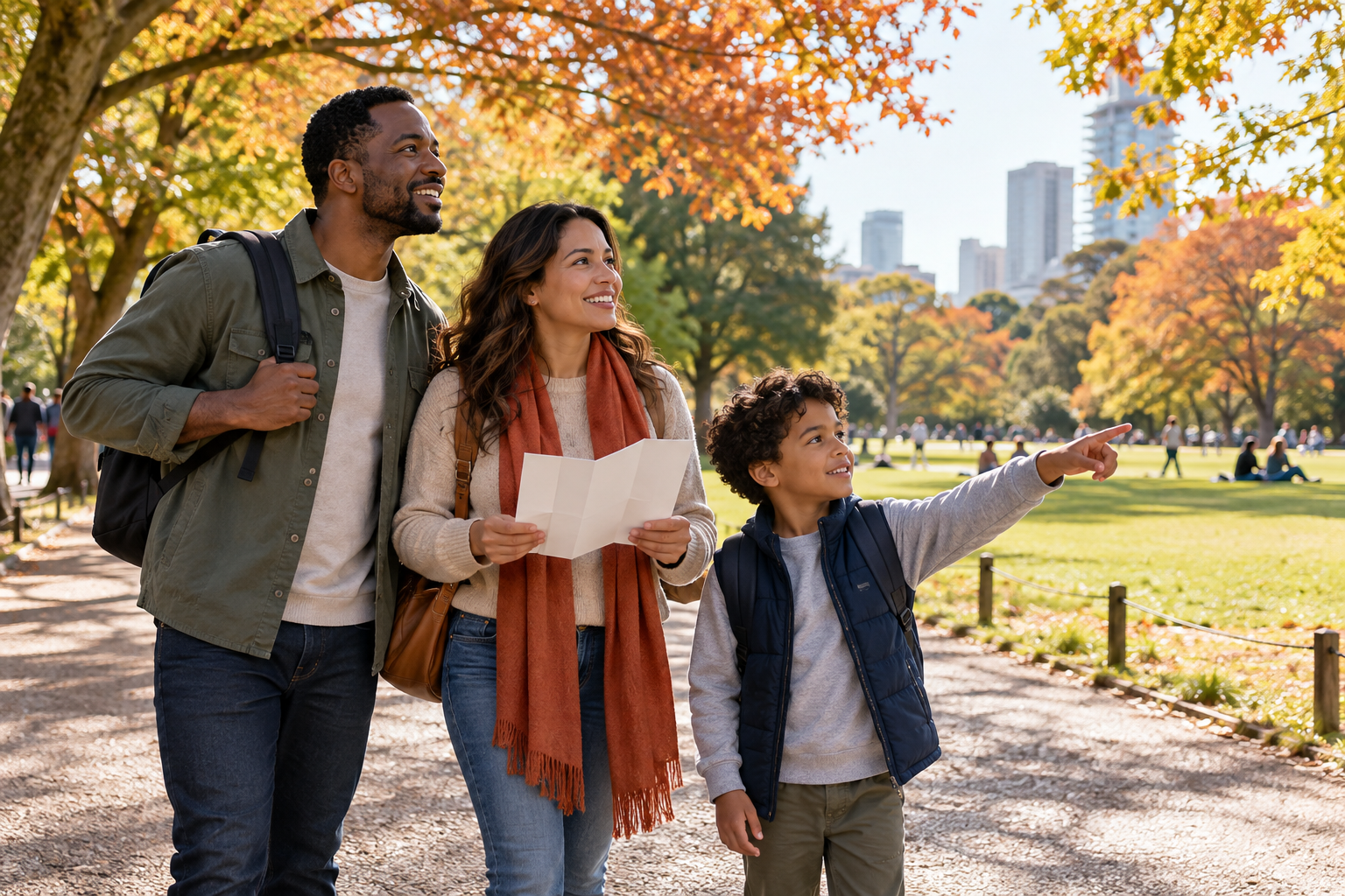Family beside an urban park lawn