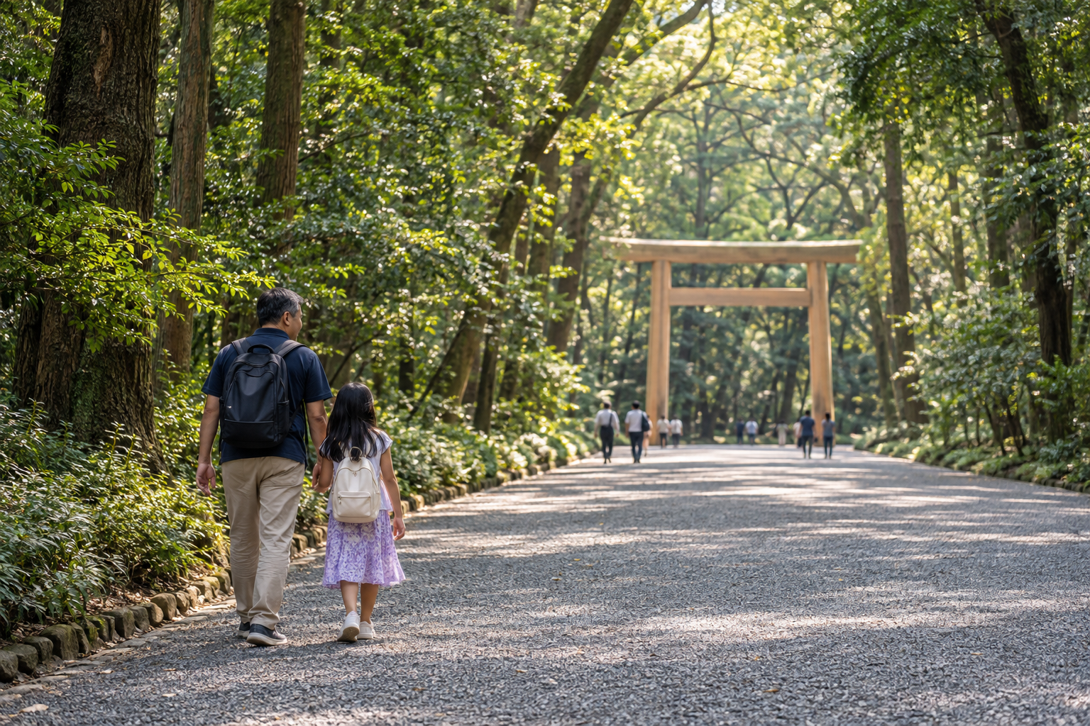 Parent and child on a wooded approach