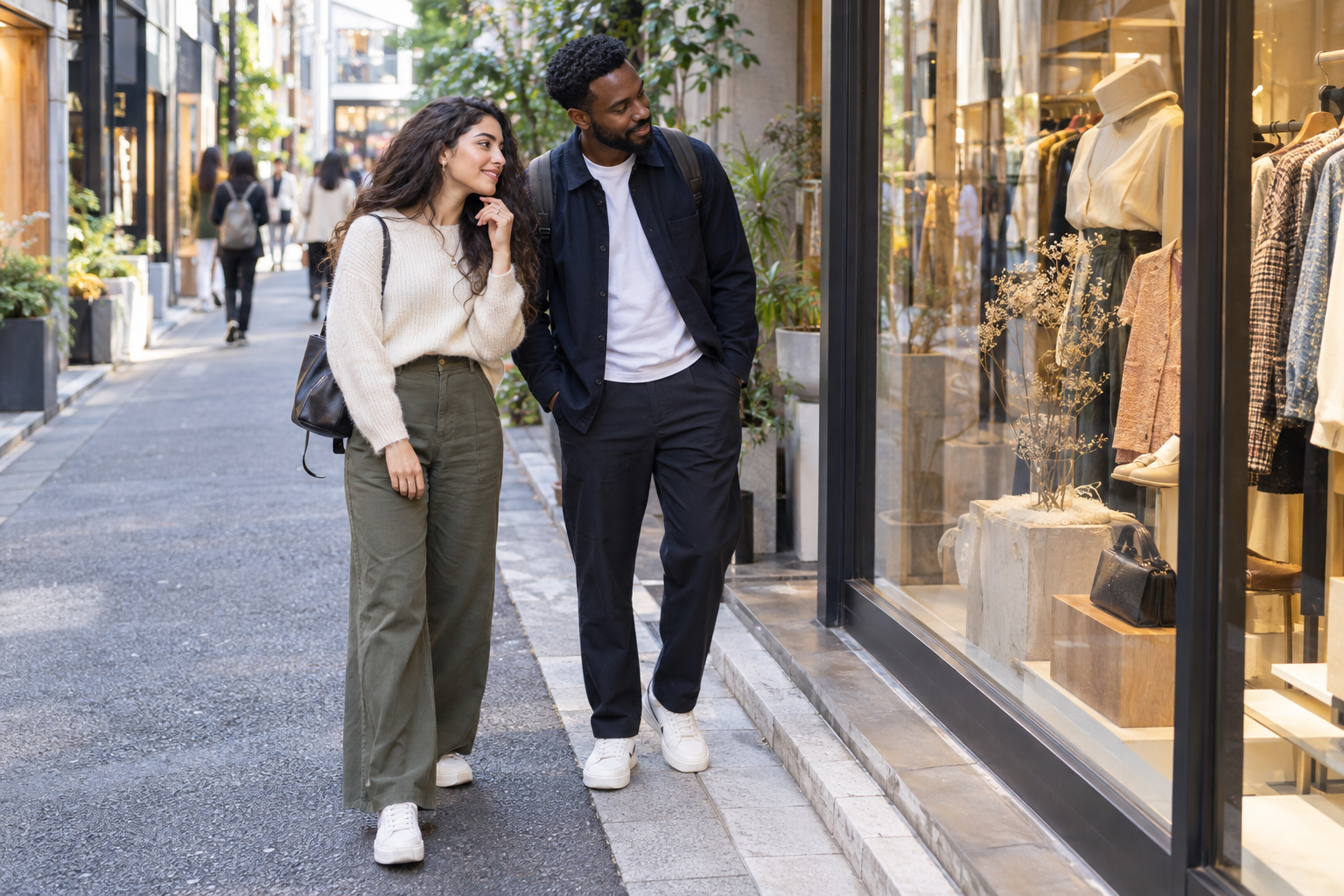 Travelers browsing a boutique window