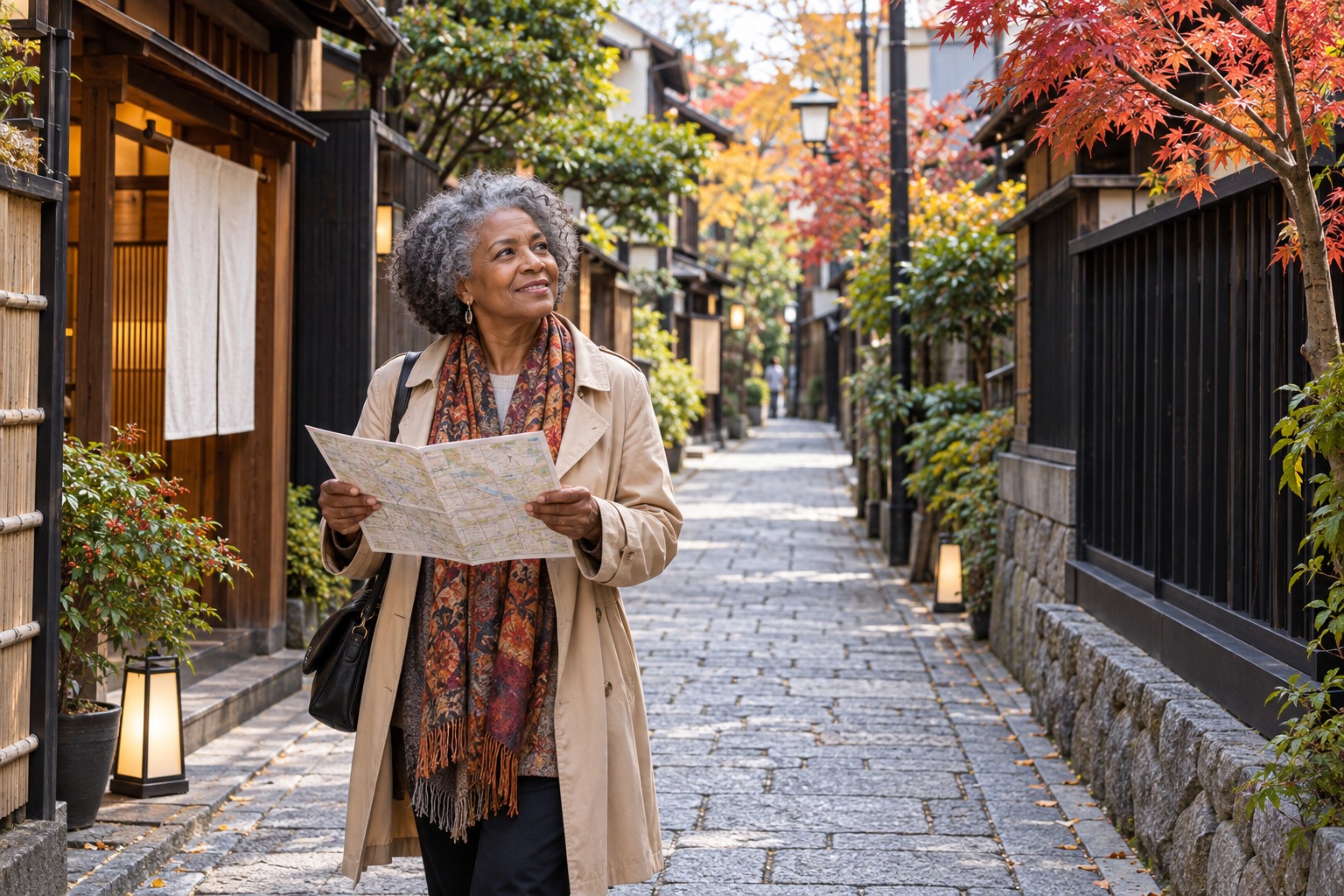An older Black woman traveller alone on a narrow stone-paved Tokyo restaurant alley with black timber fences