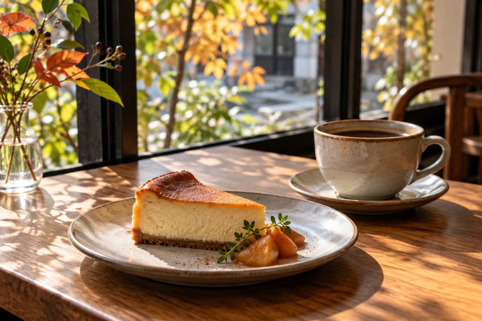 Slice of cheesecake and a ceramic coffee cup at a modern cafe window with foliage